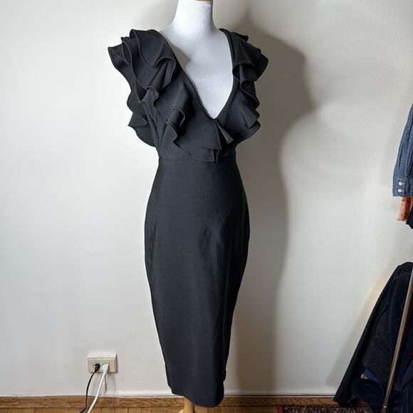 Fashion Nova Black Ruffle Pixie Bandage Midi Dress Pink crepe - Picture 7 of 10